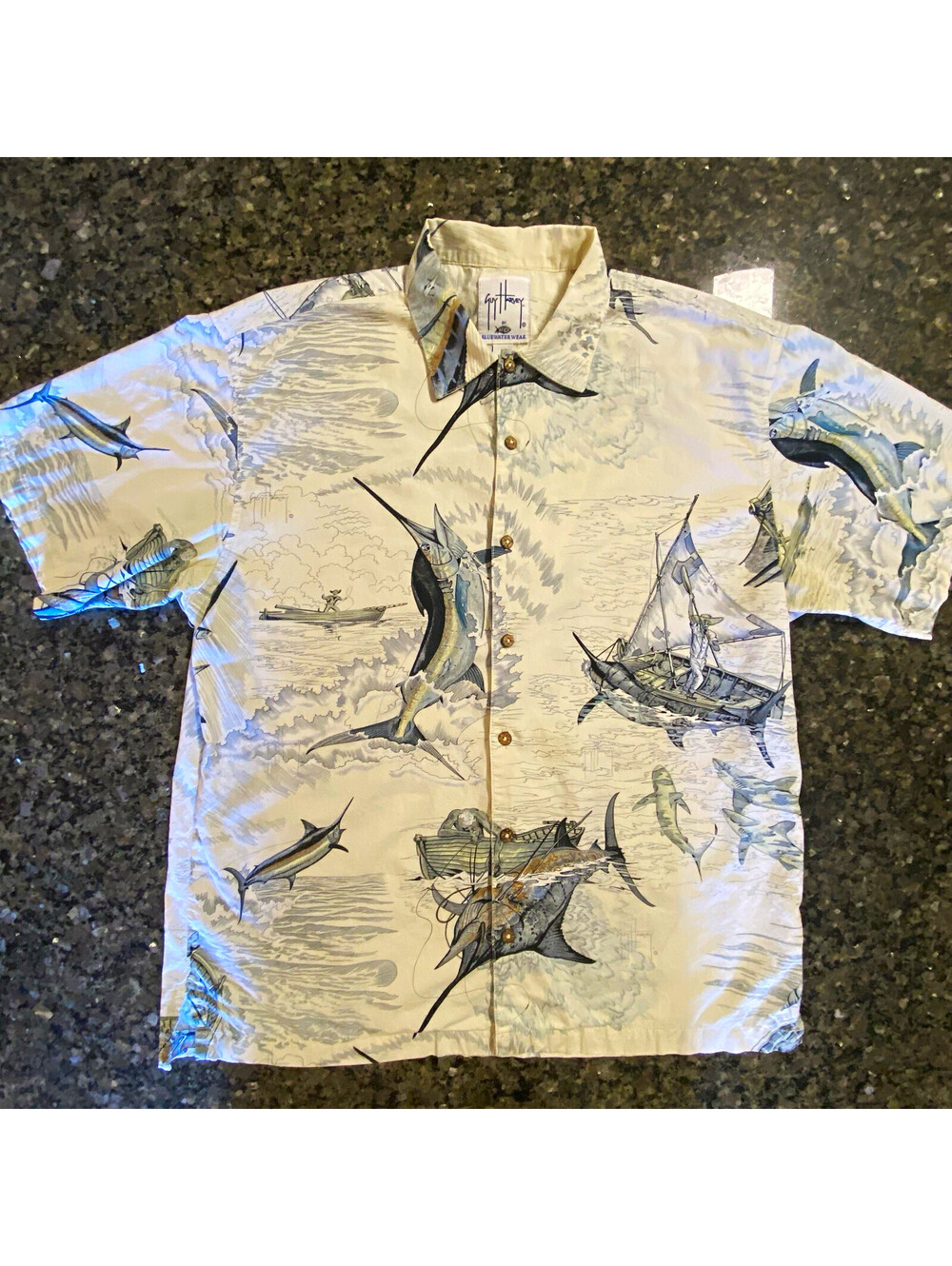 Guy Harvey Bluewater Wear Fish Print Button-Up Shirt SS L Beige Blue Cotton
